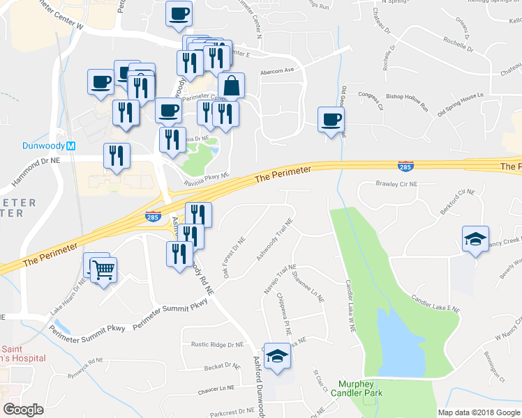 map of restaurants, bars, coffee shops, grocery stores, and more near 4218 Oak Forest Drive Northeast in Atlanta