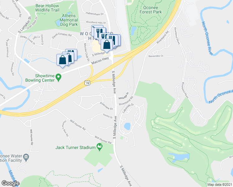 map of restaurants, bars, coffee shops, grocery stores, and more near 2157 South Milledge Avenue in Athens