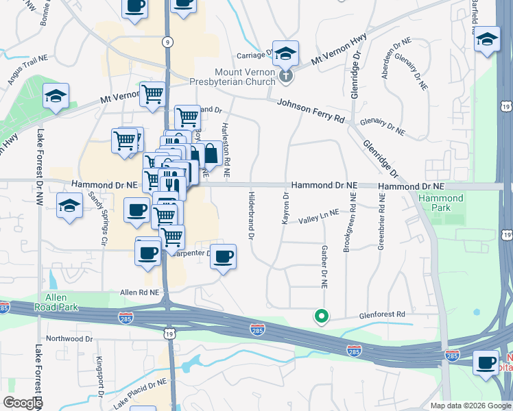 map of restaurants, bars, coffee shops, grocery stores, and more near 5971 Hilderbrand Drive in Atlanta
