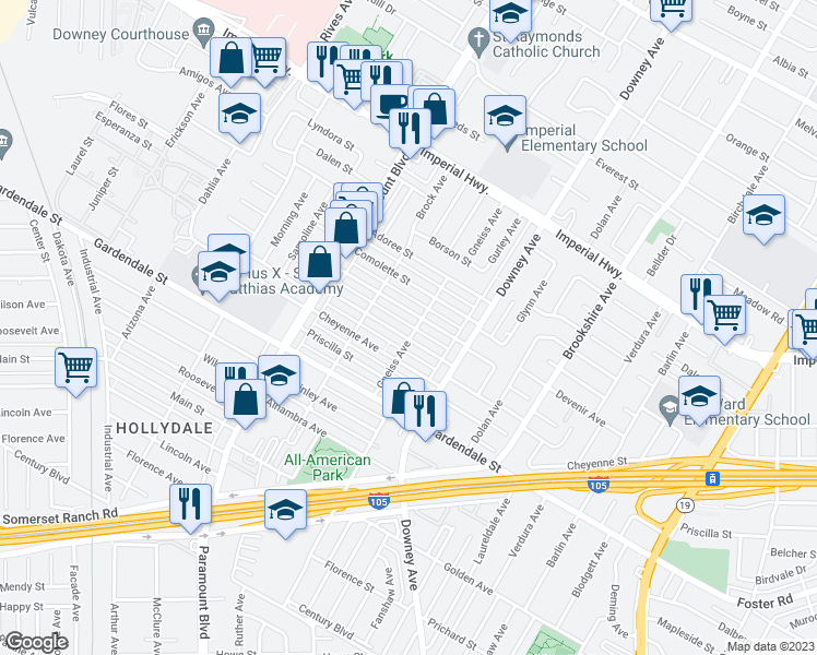 map of restaurants, bars, coffee shops, grocery stores, and more near 12913 Gneiss Avenue in Downey