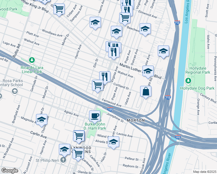 map of restaurants, bars, coffee shops, grocery stores, and more near 11619 Virginia Avenue in Lynwood