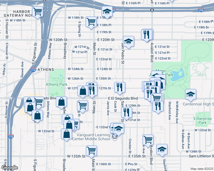 map of restaurants, bars, coffee shops, grocery stores, and more near 155 East 127th Street in Los Angeles