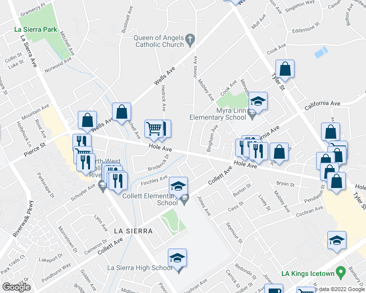 map of restaurants, bars, coffee shops, grocery stores, and more near 10737 Hole Ave in Riverside