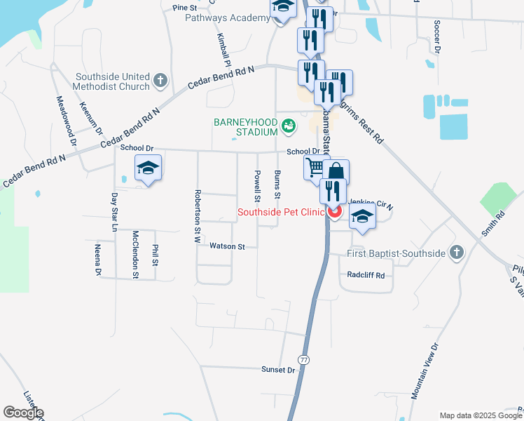 map of restaurants, bars, coffee shops, grocery stores, and more near 2447 Powell Street in Gadsden