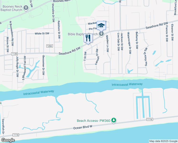 map of restaurants, bars, coffee shops, grocery stores, and more near 2529 Gator Lane Southwest in Brunswick County