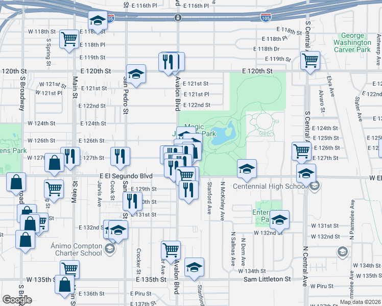 map of restaurants, bars, coffee shops, grocery stores, and more near 12628 South Avalon Boulevard in Los Angeles
