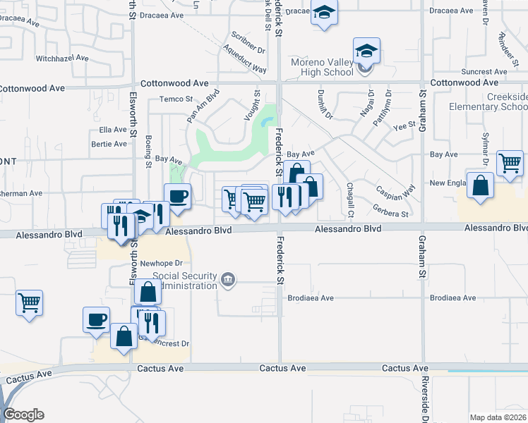 map of restaurants, bars, coffee shops, grocery stores, and more near 22933 Adrienne Avenue in Moreno Valley