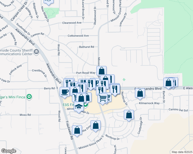 map of restaurants, bars, coffee shops, grocery stores, and more near 200 Alessandro Boulevard in Riverside
