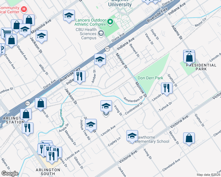 map of restaurants, bars, coffee shops, grocery stores, and more near 8864 Haskell Street in Riverside