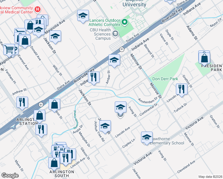 map of restaurants, bars, coffee shops, grocery stores, and more near 8916 Haskell Street in Riverside