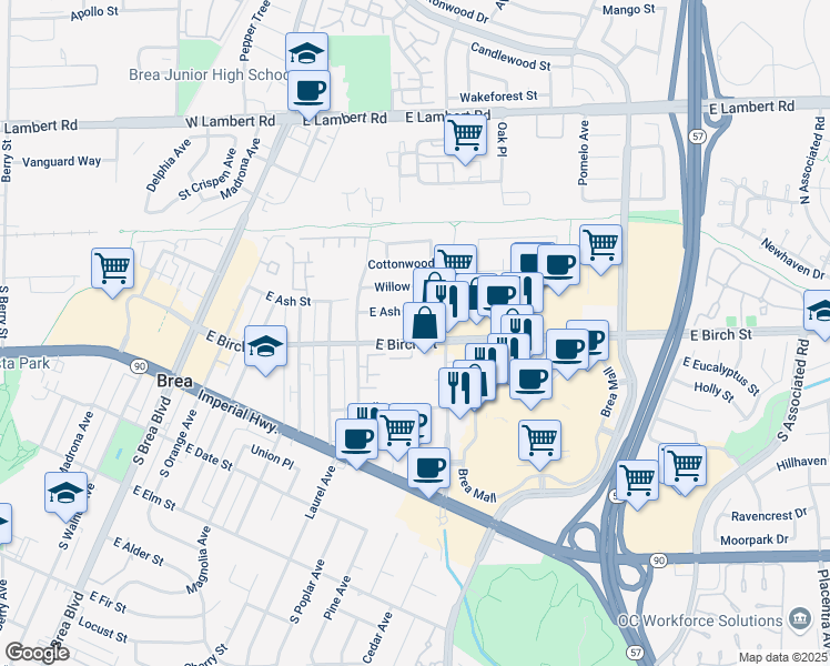 map of restaurants, bars, coffee shops, grocery stores, and more near in Brea