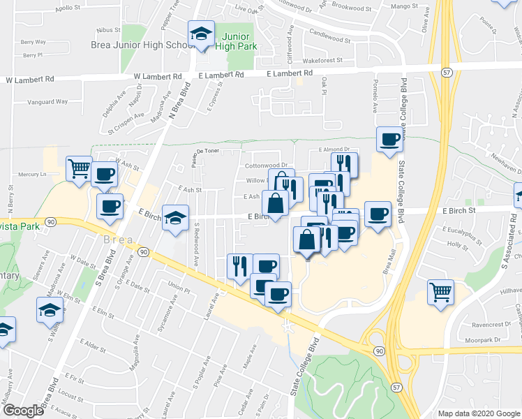 map of restaurants, bars, coffee shops, grocery stores, and more near in Brea