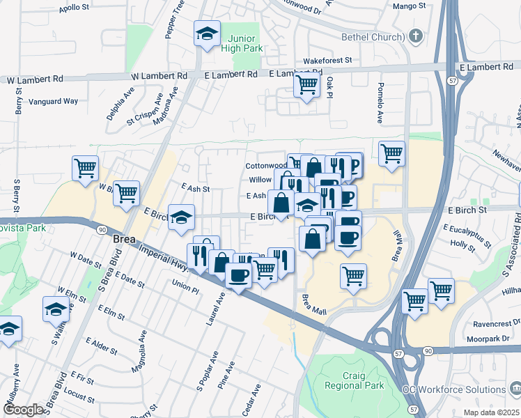 map of restaurants, bars, coffee shops, grocery stores, and more near 617 East Birch Street in Brea