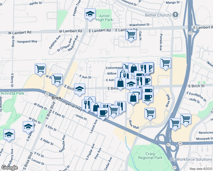 map of restaurants, bars, coffee shops, grocery stores, and more near 617 East Birch Street in Brea