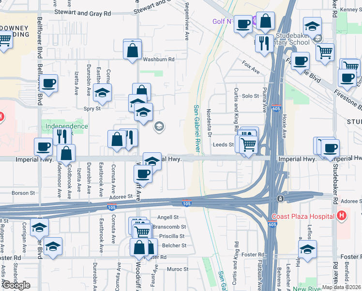map of restaurants, bars, coffee shops, grocery stores, and more near 10025 Imperial Highway in Downey