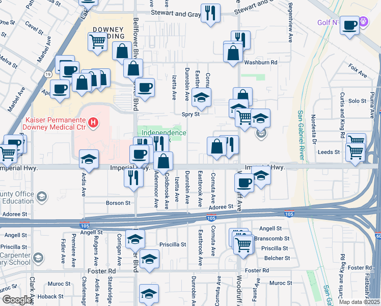 map of restaurants, bars, coffee shops, grocery stores, and more near 12424 1/2 Dunrobin Avenue in Downey