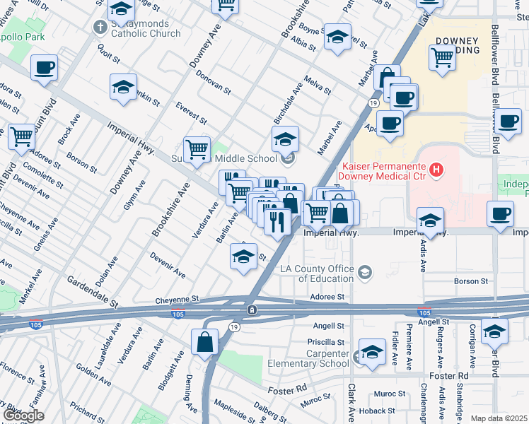 map of restaurants, bars, coffee shops, grocery stores, and more near 8731 Imperial Highway in Downey