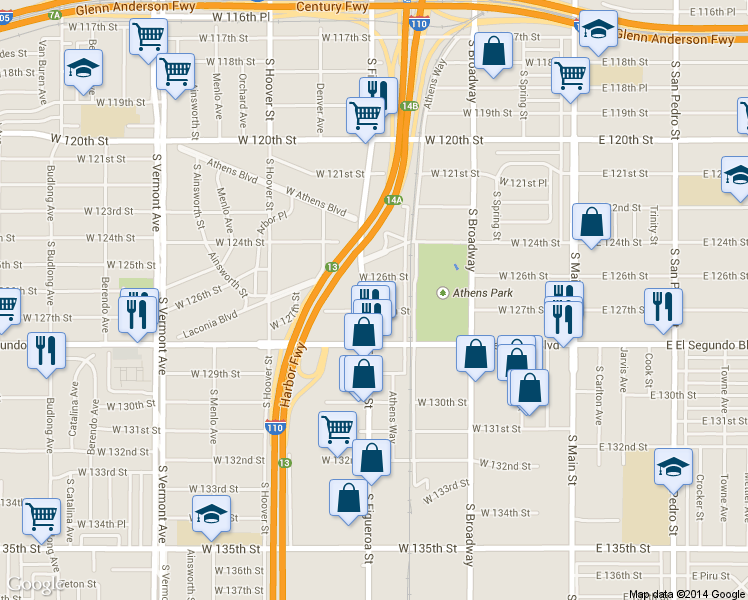 map of restaurants, bars, coffee shops, grocery stores, and more near 12628 South Figueroa Street in Los Angeles