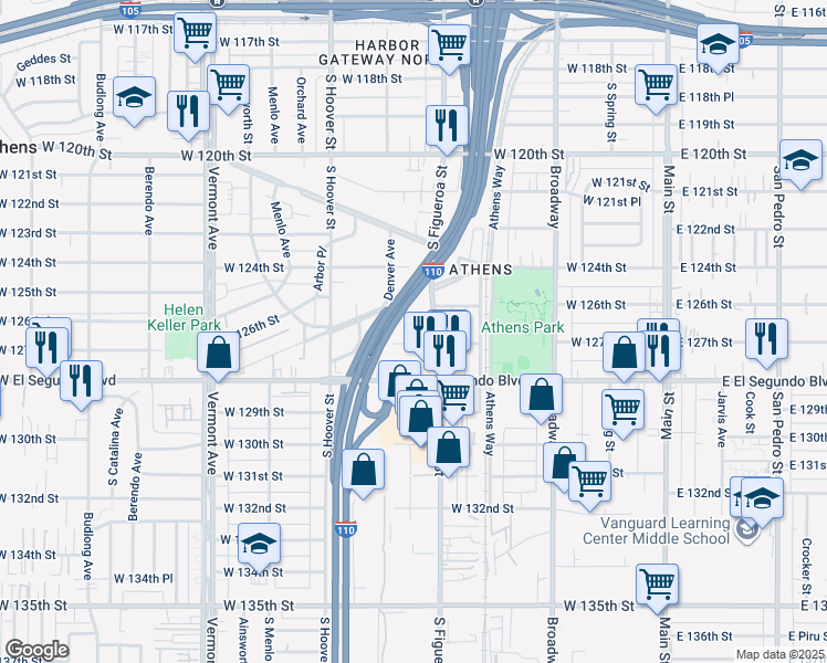 map of restaurants, bars, coffee shops, grocery stores, and more near 523 West 127th Street in Los Angeles