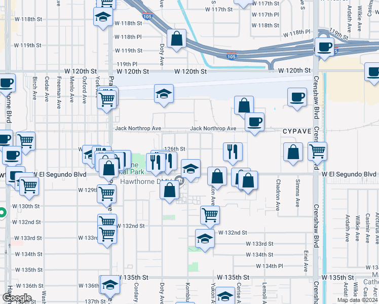 map of restaurants, bars, coffee shops, grocery stores, and more near 12523 Cranbrook Avenue in Hawthorne