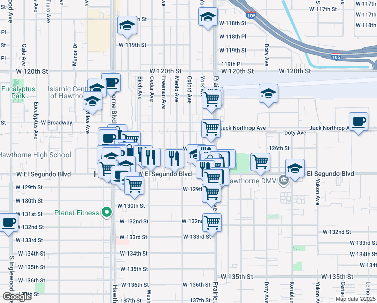 map of restaurants, bars, coffee shops, grocery stores, and more near 12605 York Avenue in Hawthorne