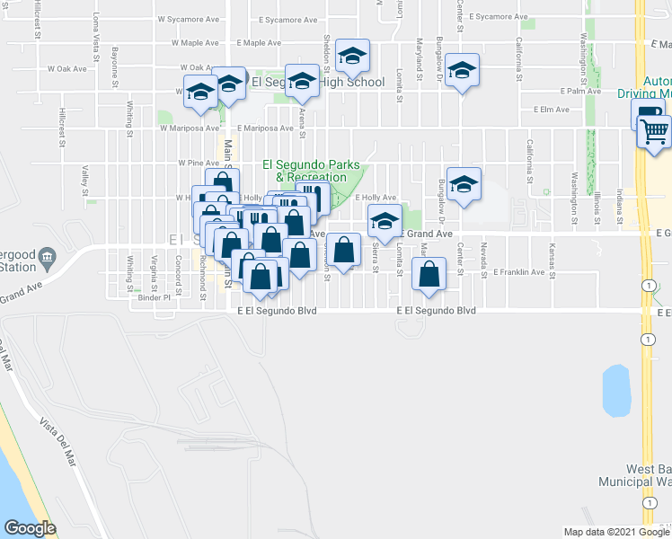 map of restaurants, bars, coffee shops, grocery stores, and more near 427 East Franklin Avenue in El Segundo