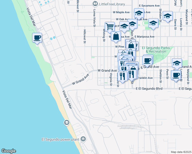map of restaurants, bars, coffee shops, grocery stores, and more near 201 Loma Vista Street in El Segundo