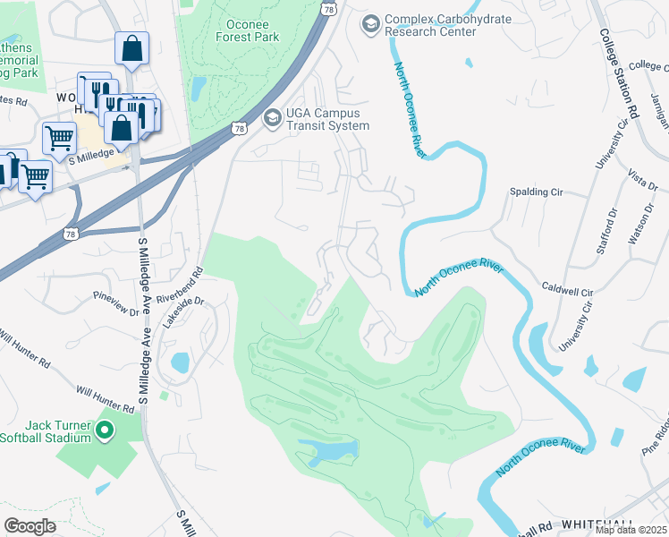 map of restaurants, bars, coffee shops, grocery stores, and more near 159 Woodstone Drive in Athens