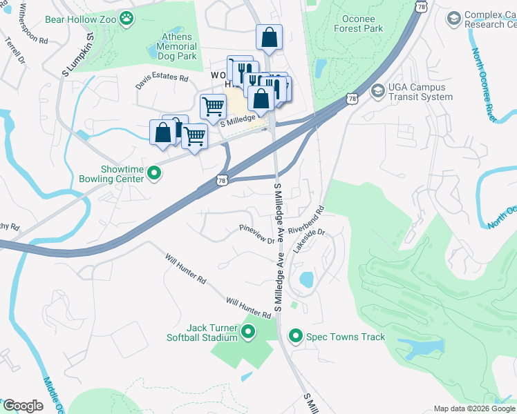 map of restaurants, bars, coffee shops, grocery stores, and more near 106 South Hampton Pointe in Athens