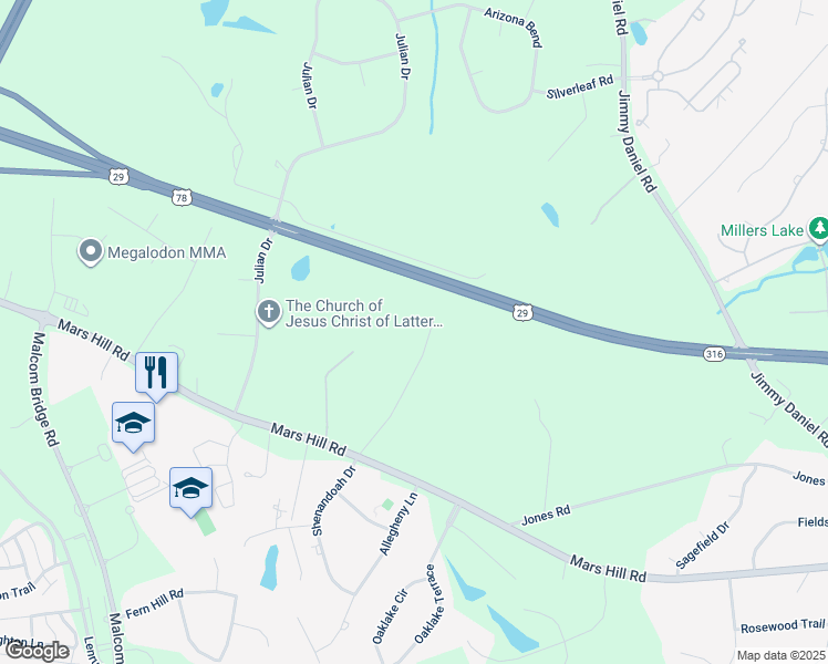 map of restaurants, bars, coffee shops, grocery stores, and more near 1151 Long Road in Watkinsville