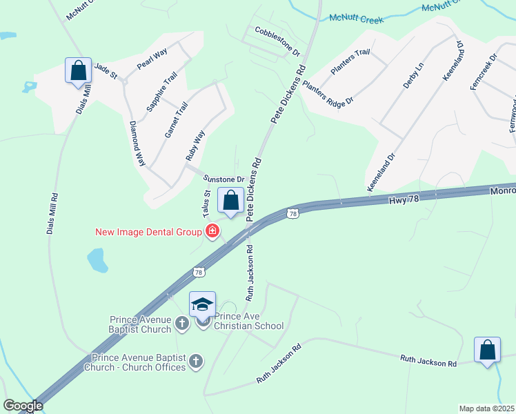 map of restaurants, bars, coffee shops, grocery stores, and more near 1010 Pete Dickens Road in Bogart