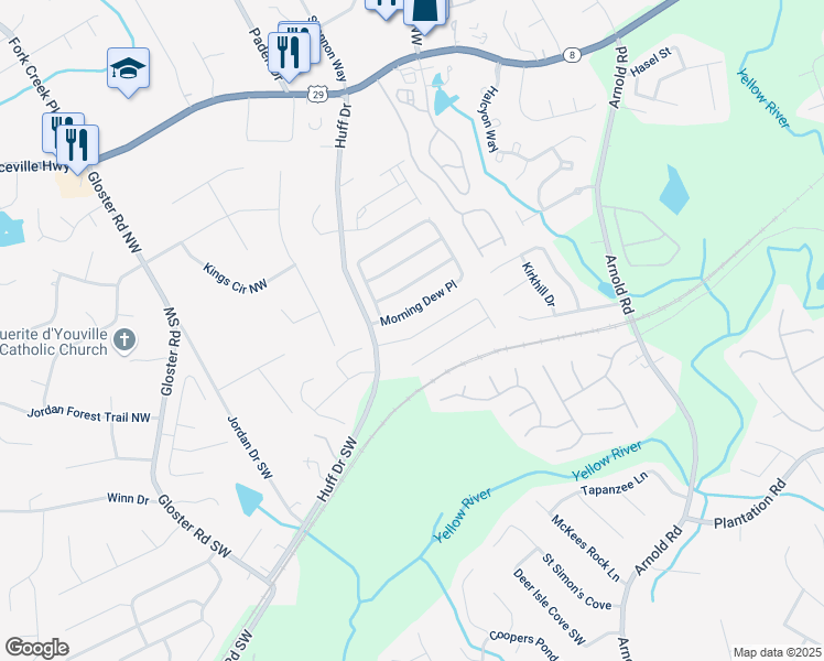 map of restaurants, bars, coffee shops, grocery stores, and more near 2465 Planters Cove Circle Northwest in Lawrenceville