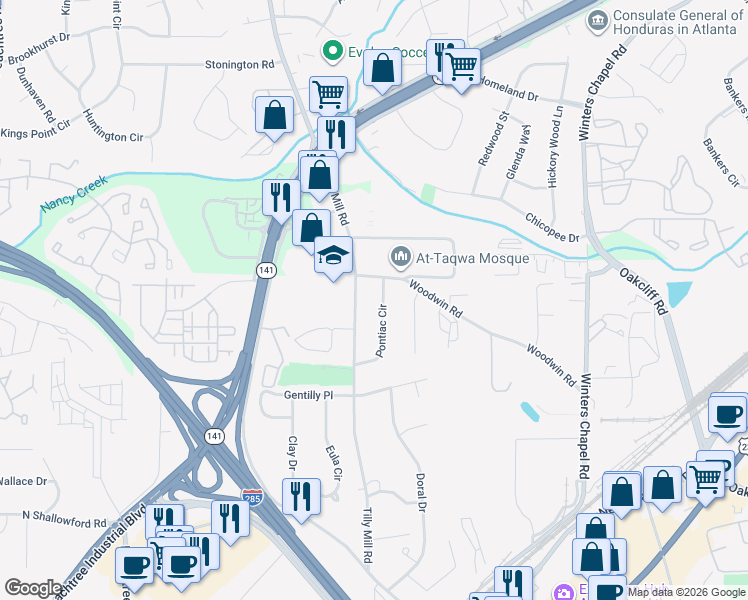 map of restaurants, bars, coffee shops, grocery stores, and more near 2841 Pontiac Circle in Doraville