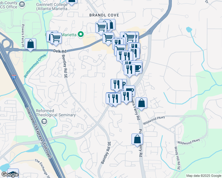 map of restaurants, bars, coffee shops, grocery stores, and more near 1375 Old Virginia Court Southeast in Marietta