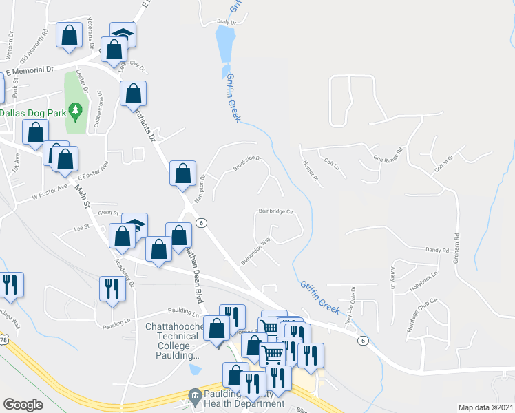 map of restaurants, bars, coffee shops, grocery stores, and more near 225 Bainbridge Circle in Dallas