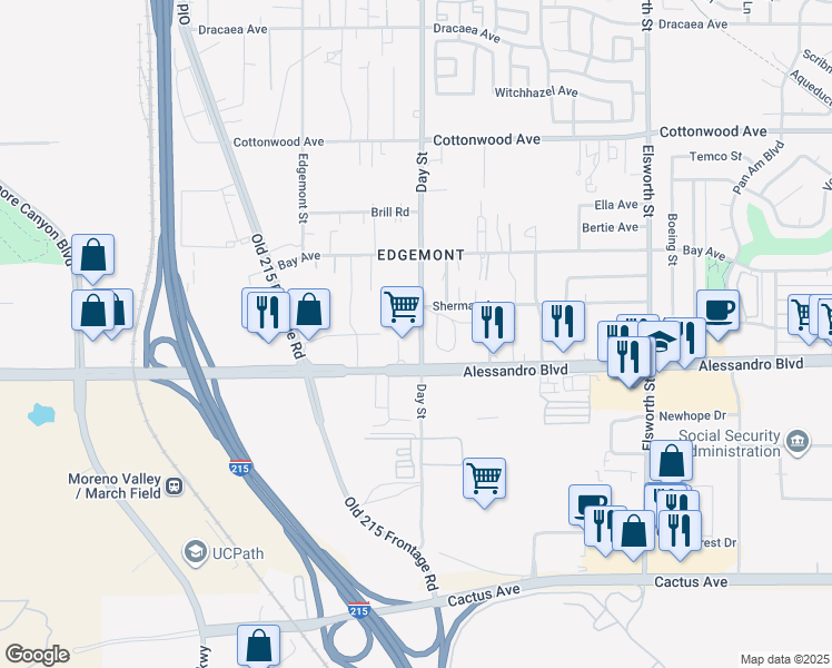 map of restaurants, bars, coffee shops, grocery stores, and more near 13927 Day Street in Moreno Valley