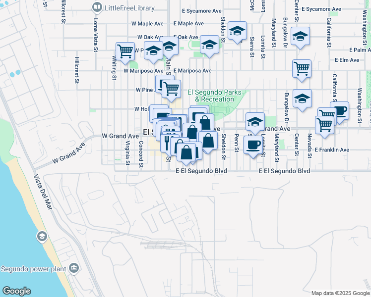 map of restaurants, bars, coffee shops, grocery stores, and more near 207a East Franklin Avenue in El Segundo