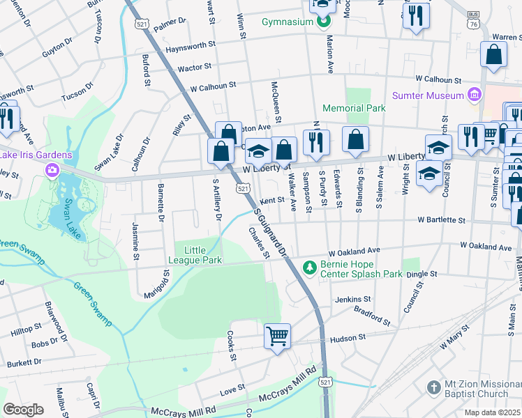 map of restaurants, bars, coffee shops, grocery stores, and more near 111 South Guignard Drive in Sumter