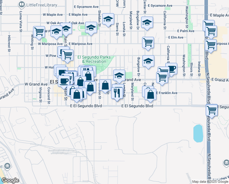 map of restaurants, bars, coffee shops, grocery stores, and more near 207 Sierra Street in El Segundo