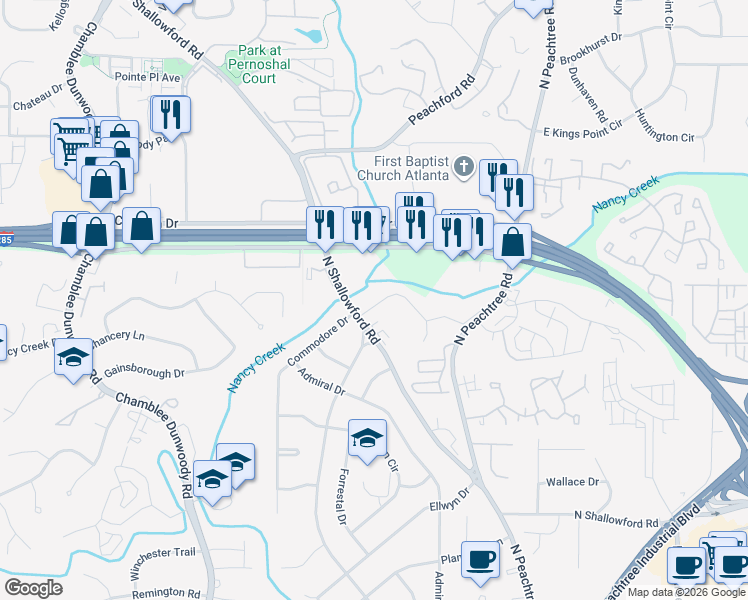 map of restaurants, bars, coffee shops, grocery stores, and more near 4245 North Shallowford Road in Atlanta