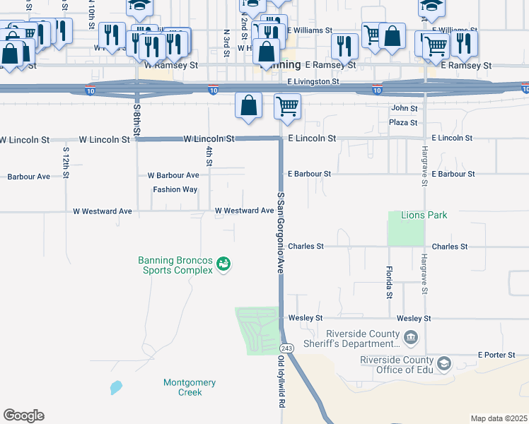 map of restaurants, bars, coffee shops, grocery stores, and more near 158 West Westward Avenue in Banning