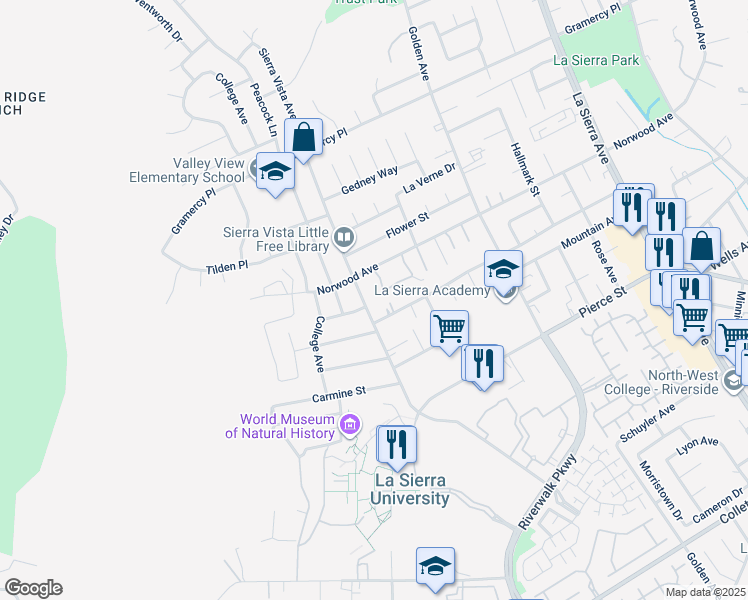 map of restaurants, bars, coffee shops, grocery stores, and more near 5061 Sierra Vista Avenue in Riverside