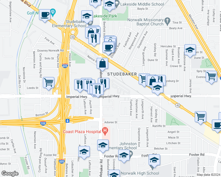 map of restaurants, bars, coffee shops, grocery stores, and more near 12512 Benfield Avenue in Norwalk