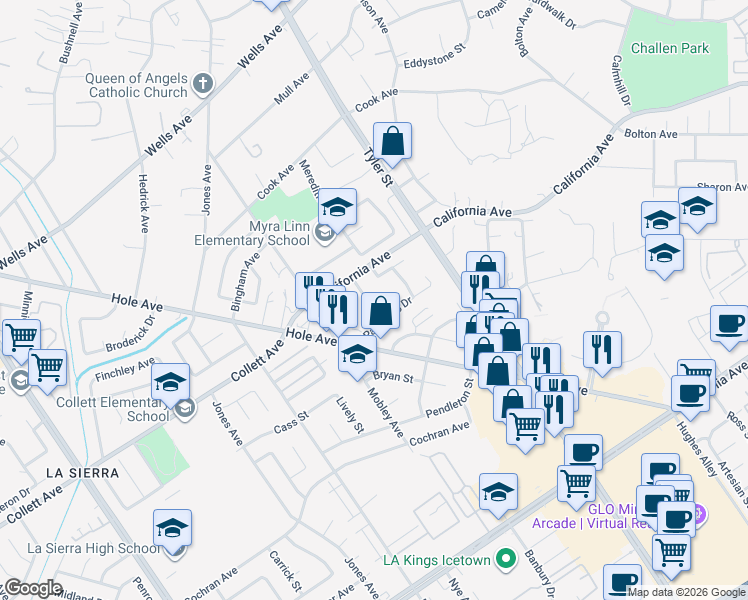 map of restaurants, bars, coffee shops, grocery stores, and more near 4281 Baggett Drive in Riverside