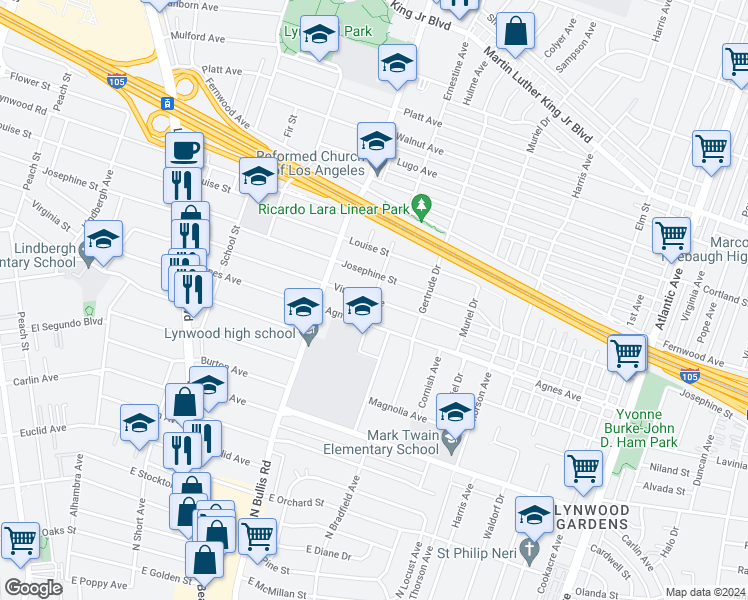 map of restaurants, bars, coffee shops, grocery stores, and more near Virginia St in Lynwood