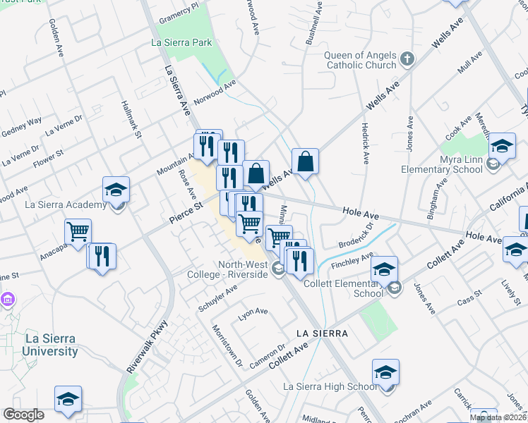 map of restaurants, bars, coffee shops, grocery stores, and more near 11049 Whitford Avenue in Riverside