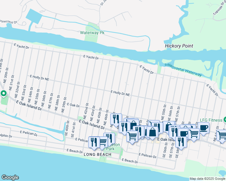 map of restaurants, bars, coffee shops, grocery stores, and more near 302 Northeast 46th Street in Oak Island