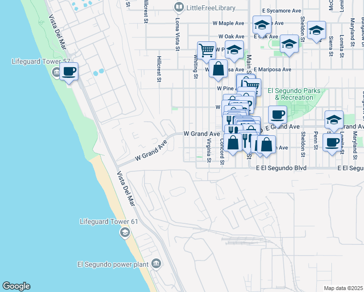 map of restaurants, bars, coffee shops, grocery stores, and more near 201 Loma Vista Street in El Segundo