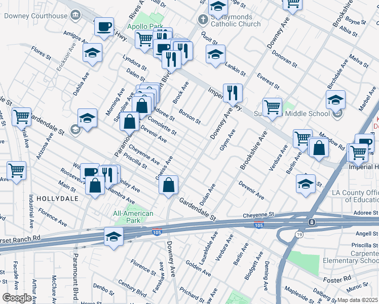 map of restaurants, bars, coffee shops, grocery stores, and more near 8229 Devenir Ave in Downey