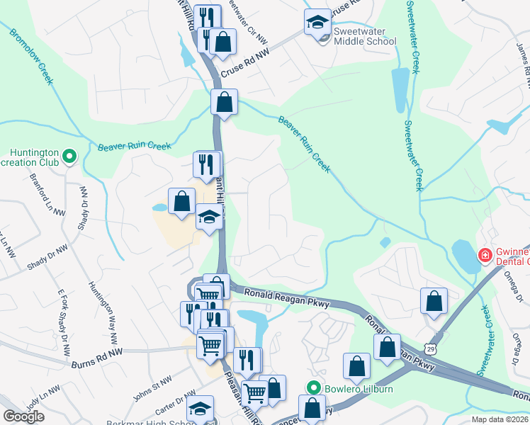 map of restaurants, bars, coffee shops, grocery stores, and more near 934 Rebecca Street Northwest in Lilburn